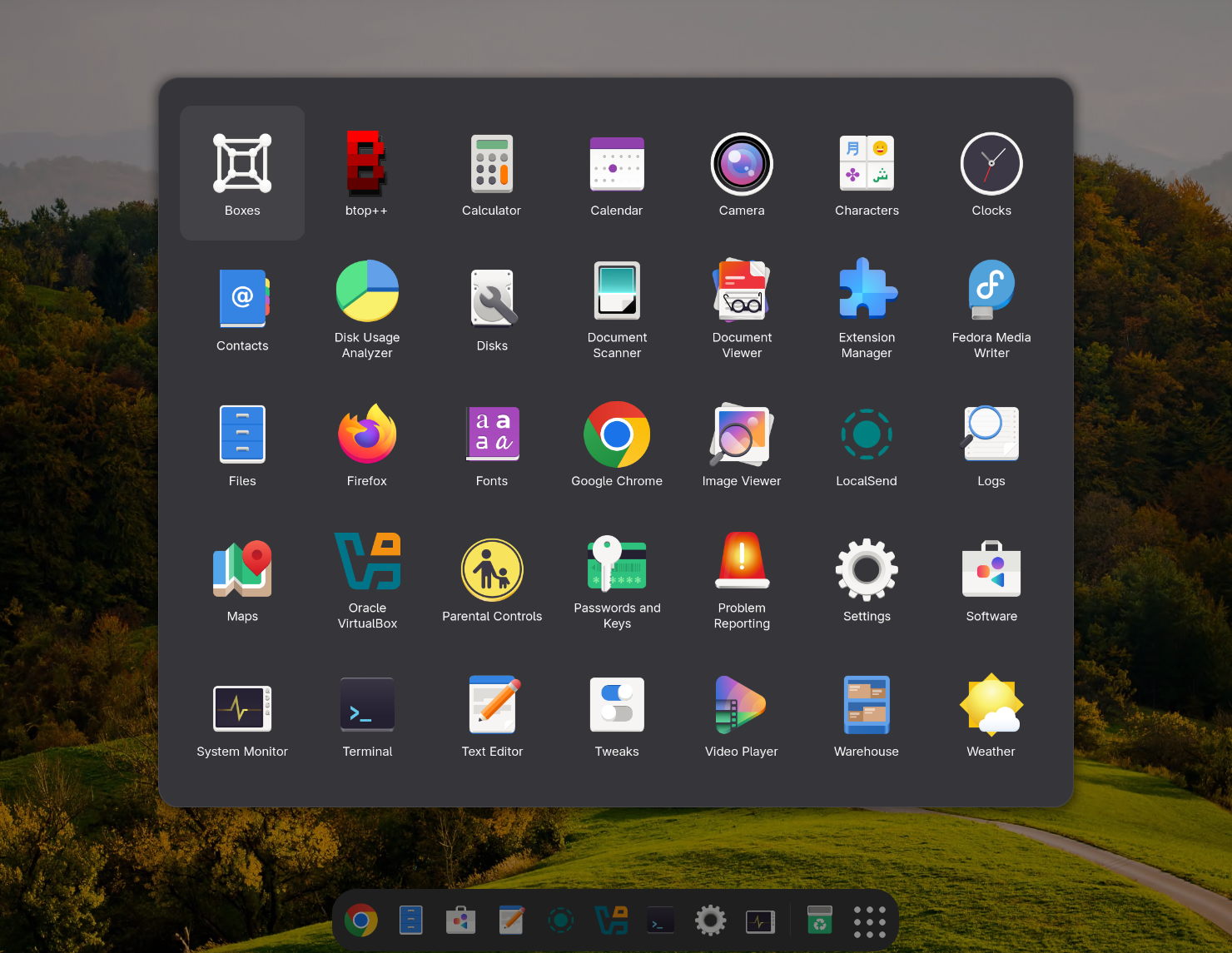 Compact Launcher showing the full app grid on a GNOME desktop