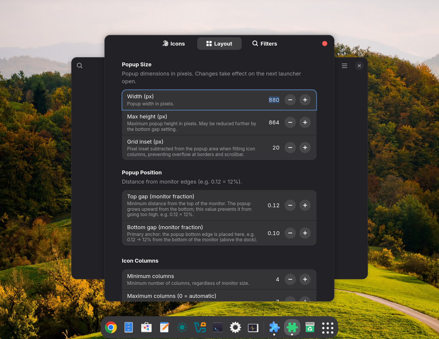 Layout settings tab — popup dimensions, position and column count