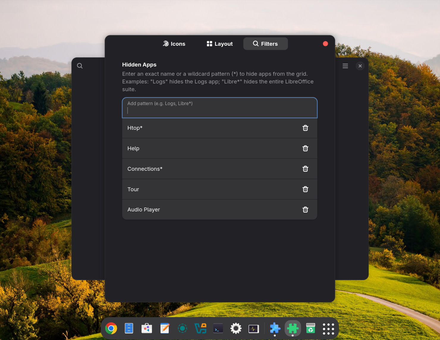Filters settings tab — hidden apps list with wildcard support